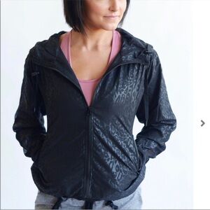 ZYIA Active Black Animal Print Bomber Zip Jacket with Hood, M